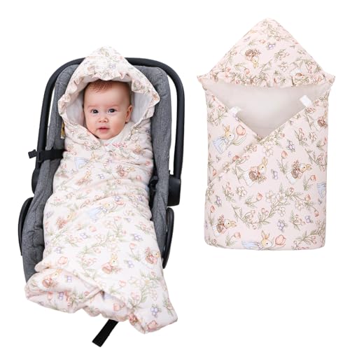 LAT Einschlagdecke für Babyschale, 90 * 90CM Universal Babydecke für Neugeborene, Kuscheldecke mit Kapuze Babydecke für Kinderwagen Buggy Autositz (Kaninchen und Blumen) von LAT LEE AND TOWN