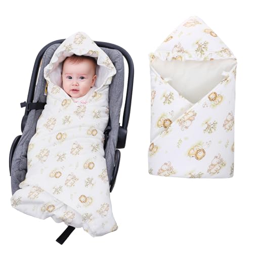 LAT Einschlagdecke für Babyschale, 90 * 90CM Universal Babydecke für Neugeborene, Kuscheldecke mit Kapuze Babydecke für Kinderwagen Buggy Autositz (Löwe) von LAT LEE AND TOWN