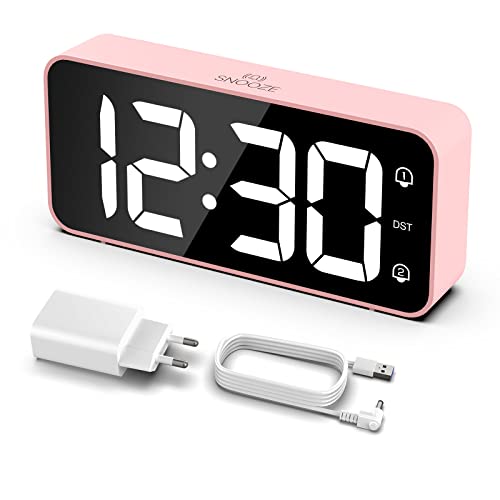 LATEC LED Digitaler Wecker mit 2 Alarme Snooze, Digital Uhr mit USB-Ladeanschluss, 0–100% Helligkeitsdimmer, 90–120 dB Lautstärke, 8 Klingeltönen, 12/24H, Netzbetrieben (Pink) von LATEC