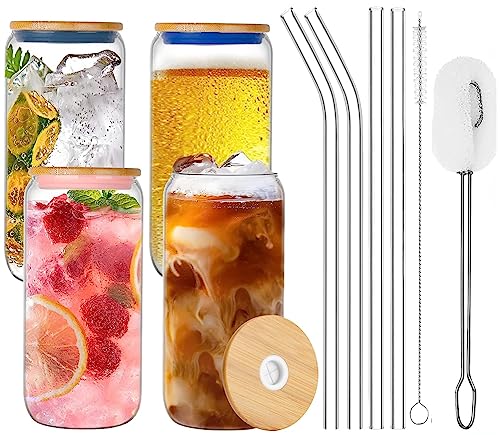 LATERN 10 Stück Bierdosen Gläser Set, 4 Stück 20oz /600ml Dosenförmige Eiskalte Trinkglasbecher mit 4 Deckel und Strohhalm, 2 Reinigungsbürsten – für Cocktail Whisky Tee Milchshake Kaffee Limonade von LATERN