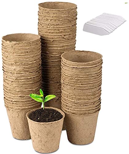 LATERN 100 Stück Abbaubare Anzuchttöpfe Kleine runde Fibre Töpfe Ø 8 cm, beige Anzuchttöpfe für Pflanzen, 100 Stück Kunststoff Pflanzenetiketten weiß 1 x 5 cm von LATERN