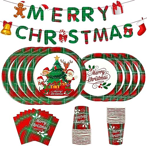 LATERN 114 Stück Weihnachtspapier Partygeschirr, 24 x 9 Zoll große Speiseteller, 24 x 7 Zoll Salatteller, 24 x 270ml Tassen, 24 x Servietten, 1 x Banner - für 24 Gäste Weihnachtsfeier Dekoration von LATERN