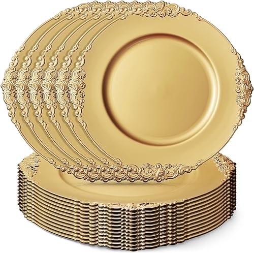 LATERN 12 Stück Wiederverwendbar Verwendbare Goldene Platzteller mit Geprägtem Rand, 33CM Kunststoff Platzteller Große Runde Servierteller für Weihnachten Halloween Hochzeit Party Tisch Dekoration von LATERN