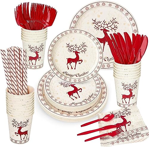 LATERN 200 Stück Weihnachtspapier Partygeschirr, 25 x Speiseteller und Salatteller, 25 x 270ml Tassen, 25 x Servietten, 25 x Wiederverwendbare Messer, Gabel, Löffel und Strohhalme von LATERN