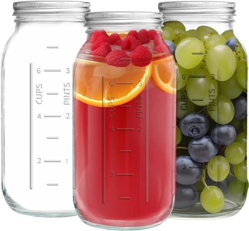 LATERN 3 Stück 64oz Weiter Öffnung Einmachgläser, 1,9L Bedruckte Auslaufsicheres Einmachgläser mit Luftdichtem Deckel und Band zum Einmachen Marmelade Honig Gelee Saucen Mahlzeit Salat Joghurt von LATERN