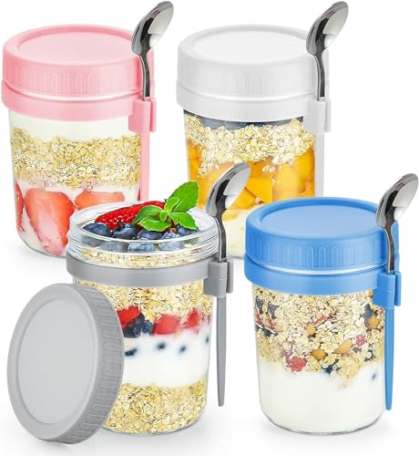 LATERN 4 Stück Overnight Oats Gläser, 360ml Einmachgläser aus Glas Messmarken Vorratsbehälter für Lebensmittel mit Deckel und Löffel für Hafer Getreide Obst Milch Salat Joghurt Mahlzeit Vorbereitung von LATERN