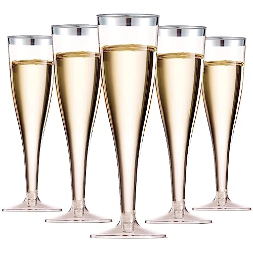 LATERN 50 Stück Champagnergläser mit Silberrand, 150ml Champagnergläser aus Kunststoff Wiederverwendbare Party-Weinbecher mit Stiel für Garten Hochzeit Jubiläum Dusche Partys (5 x 17cm) von LATERN