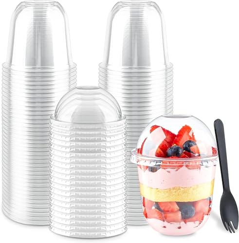 LATERN 50 Stück Dessertbecher aus Kunststoff mit Kuppeldeckel, 360ml Runde Dessertbecher Transparenter Parfait-Vorspeisenbecher Wiederverwendbare Servierschüssel mit Göffeln zum Dessert Pudding Mousse von LATERN