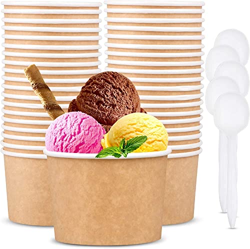 LATERN 50 Stück Eisbecher aus Papier mit 50 Stück Löffel, 12oz /360ml Einweg Servierschalen aus Papier für Warme und Kalte Speisen Suppe Eisbecher Gefrorener Joghurt Dessert (Braun) von LATERN