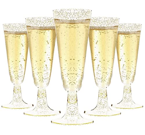 LATERN 50 Stück Goldglitter Champagnerflöten, 150ml Sektgläser aus Kunststoff Wiederverwendbare Party Weinbecher mit Stiel für Garten Hochzeitstag Duschen Partys (5,5 x 16,5cm) von LATERN