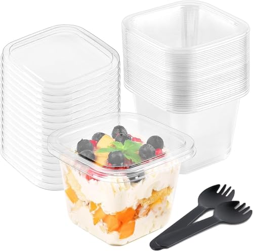 LATERN 50 Stück Kunststoff Dessertbecher mit Deckel, 360ml Quadratische Dessertbecher Transparenter Parfait Vorspeisenbecher Wiederverwendbare Servierschüssel mit Göffeln für Pudding Mousse Party von LATERN