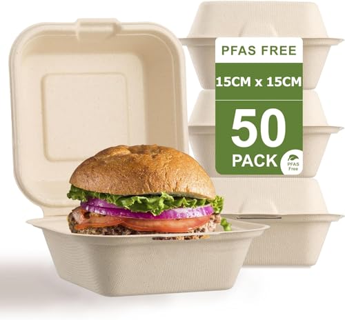 LATERN 50 Stück Muschelschale Lebensmittelbehälter, 15CM x 15CM Bagasse Takeaway Boxen 100% Kompostierbare Lebensmittelbehälter Einwegschüsseln mit Scharnier für Täglichen Gebrauch Restaurants Grillen von LATERN