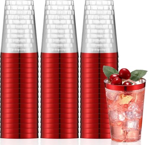 LATERN 50 Stück Plastikbecher mit Roterand, 360ml Becher aus Kunststoff Wiederverwendbare Trinkbecher Elegante Party Weingläser für Champagner Bier Cocktail Martini Soda Dessert (10,5 x 7,5cm) von LATERN