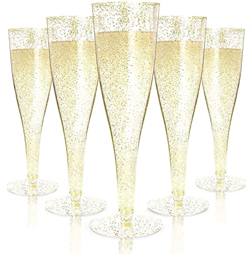 LATERN 54 Stück Champagnerflöten aus Kunststoff, 150ml Sektgläser mit Goldglitter Wiederverwendbare Party Weinbecher mit Stiel für Garten Hochzeitstag Duschenpartys (5 x 17cm) von LATERN