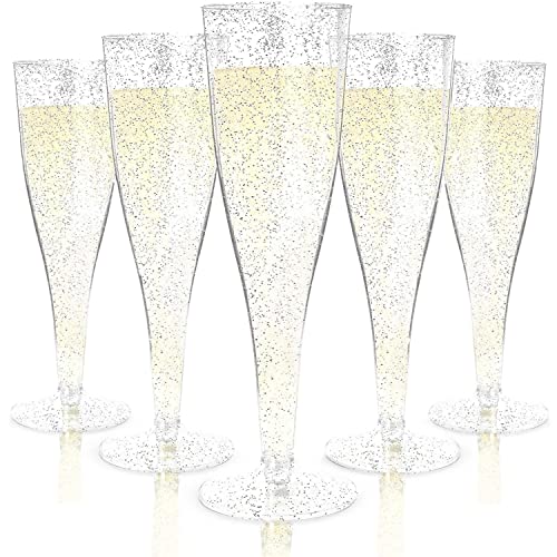 LATERN 54 Stück Champagnerflöten aus Kunststoff, 150ml Sektgläser mit Silberglitter Wiederverwendbare Party Weinbecher mit Stiel für Garten Hochzeitstag Duschenpartys (5 x 17cm) von LATERN