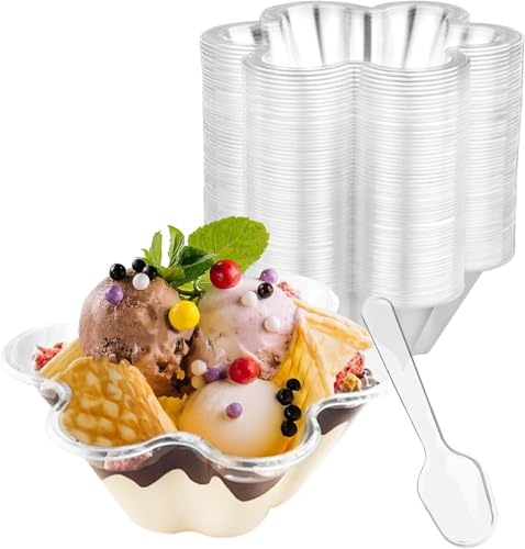 LATERN 60 Stück Desserttassen aus Kunststoff mit Löffeln, 240ml Blumenmotiv Dessertbecher Transparente Parfait-Vorspeisenbecher Wiederverwendbare Servierschüsseln für Nachtisch Pudding Mousse Party von LATERN