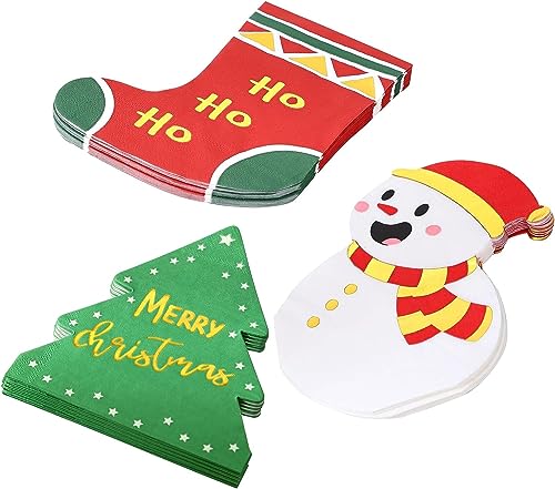 LATERN 60 Stück Weihnachts Servietten aus Papier, 3-Lagig Einweg Abendessen Servietten Socken Schneemann Baumform Getränkeservietten für Weihnachten Party Tisch Dekorationen (16CM x 14CM) von LATERN