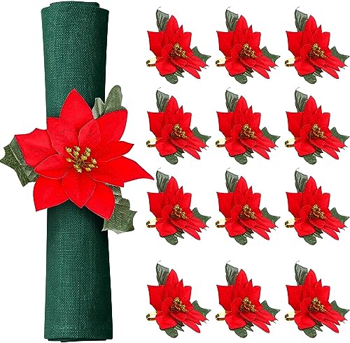 LATERN 8 Stück Weihnachts Servietten Ringes, 14CM Weihnachtsstern Serviettenhalter Serviettenschnalle mit grünen Blättern zum Weihnachtsessen Erntedankfest Urlaub Party Tisch Dekoration (4cm x 4cm) von LATERN