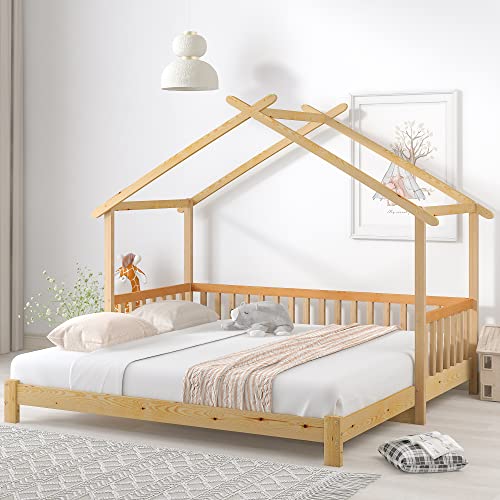 Hausbett 180/90x200cm, Kinderbett mit ausziehbares Bett, Einzelbett und Doppelbett, reines Massivholz, naturmit Rausfallschutz und Lattenrost, Holz Baumhausbett für Mädchen & Jungen, Naturfarbener von LATICO