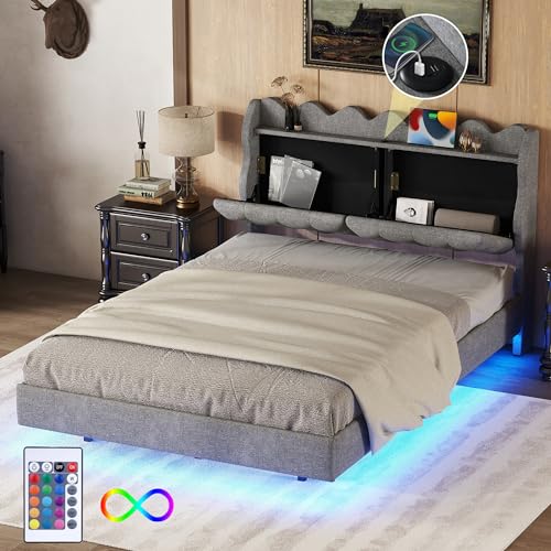 LATICO Bett 140 x 200cm Doppelbett, Polsterbett, Kopfteils mit Stauraum, Bett mit LED Beleuchtung, Polsterbett mit Lichtleiste, Polsterbett mit USB-Ladeanschluss, Leinen, Grau, Ohne Matratze von LATICO