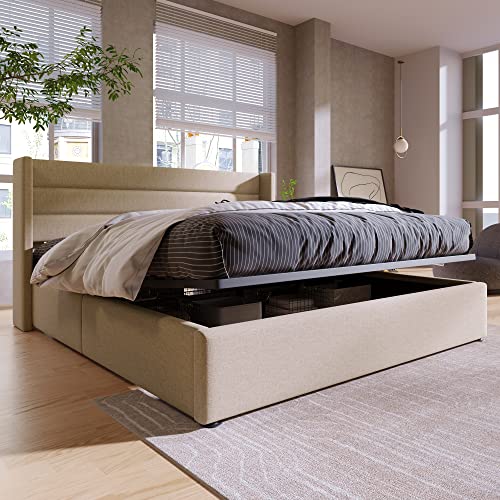 LATICO Bett 140x200 mit Lattenrost, Polsterbett Stauraumbett Hydraulisch Doppelbett 140x200cm, Bettgestell mit Lattenrost und Kopfteil, Beige Bett Bettrahmen Jugendbett - Leinenmaterial, Ohne Matratze von LATICO