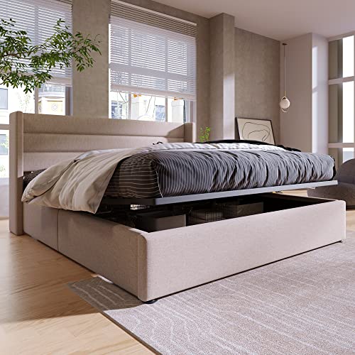 LATICO Bett 180x200 mit Lattenrost, Polsterbett Stauraumbett Hydraulisch Doppelbett 180x200cm, Bettgestell mit Lattenrost und Kopfteil, Beige Bett Bettrahmen Jugendbett - Leinenmaterial, Ohne Matratze von LATICO