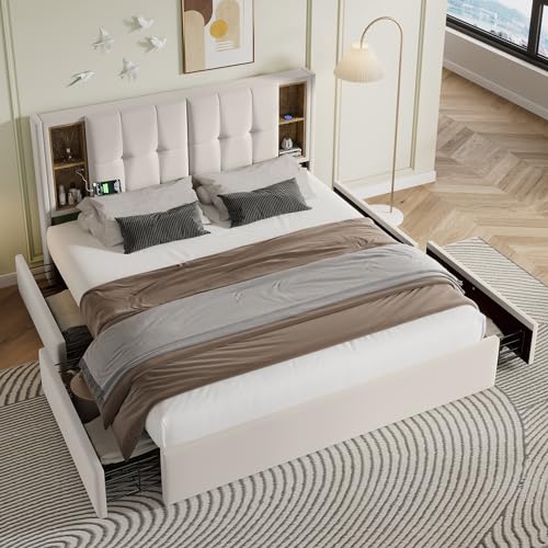 LATICO Doppelbett 160x200 Polsterbett mit 4 Schubladen Stauraum, Kopfteil mit KabellosemLaden USB C und Regal, Bettgestell mit Lattenrost aus Holz, Stauraumbett Jugendbett, Ohne Matratze (Beige-Samt) von LATICO