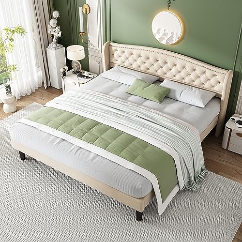 LATICO Doppelbett Polsterbett mit Kopfteil, Bett 160x200 cm, Bettgestell mit Lattenrost und Kopfteil, Jugendbett Gepolstertes Bett in Beige, Ohne Matratze von LATICO