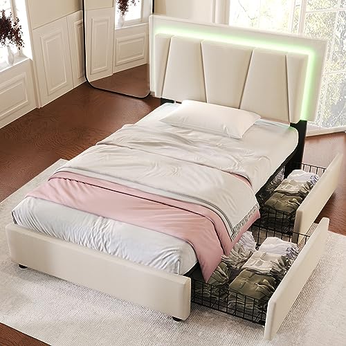 LATICO Einzelbett 90x200 Polsterbett mit 2 Stauraum Schubladen, Kopfteil mit LED, Stauraumbetten Bettgestell mit Lattenrost aus Holz, Rückenlehne Jugendbett Kinderbett, Ohne Matratze, Leinen Beige von LATICO