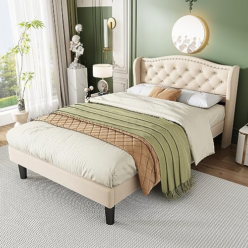 LATICO Einzelbett Polsterbett mit Kopfteil, Bett 90x200 cm, Bettgestell mit Lattenrost und Kopfteil, Jugendbett Gepolstertes Bett in Beige, Ohne Matratze von LATICO