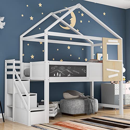 LATICO Kinderbett 90x200 Etagenbett, Baumhaus Hochbett mit Treppe, Hausbett Holzbett mit Rausfallschutz und Lattenrost, Einzelbett für Kinder mit 3 Schubladen，Holz Bettgestell, ohne Matratze, Weiß von LATICO