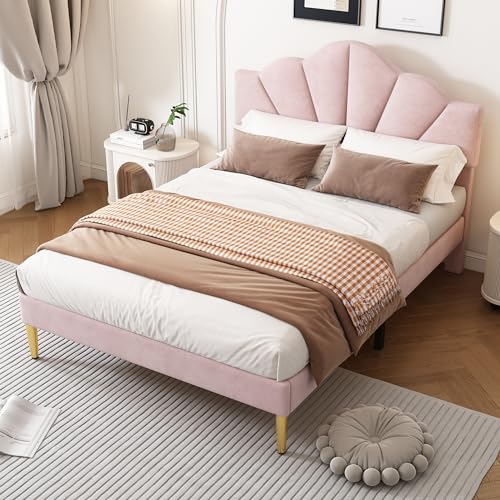 LATICO Kinderbett Polsterbett Doppelbett 140x200, Muschelartiges Bett mit Holz Lattenrost und Goldenen Eisenbeinen, Höhenverstellbares Kopfteil, Jugendbett Rückenlehne Bett, Ohne Matratze, Samt Rosa von LATICO