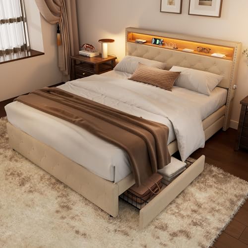 LATICO Polsterbett Doppelbett 140x200 cm mit 4 Schubladen Stauraum, LED-Kopfteil mit USB-Buchse, Taschendesign, Bettgestell mit Holz Lattenrost, Stauraumbett Jugendbett, Ohne Matratze, Leinen Beige von LATICO