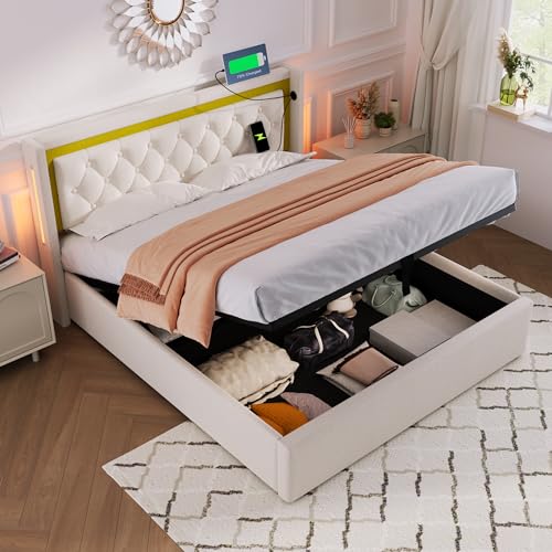 LATICO Polsterbett Doppelbett 140x200 cm mit Stauraum Unterbett, USB/Typ-C Ladefunktion LED-Kopfteil, Bettgestell mit Lattenrost, Stauraumbett Jugendbett Bettrahmen aus Baumwolle Beige, Ohne Matratze von LATICO