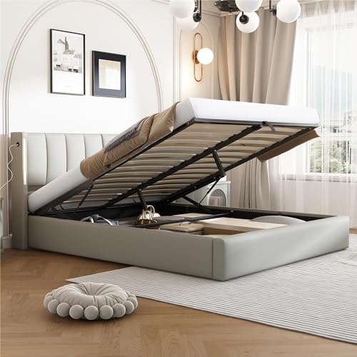LATICO Polsterbett Doppelbett 140x200 cm mit Stauraum Unterbett, Verstellbares Kopfteil mit LED und USB/TypC-Buchse, Stauraumbett Bettgestell mit Holz Lattenrost, Jugendbett, Ohne Matratze, PU Grau von LATICO