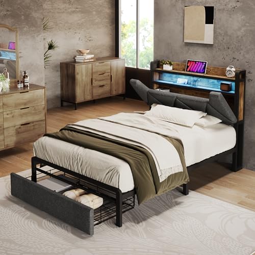 LATICO Polsterbett Einzelbett 90x200 mit Stauraum Schubladen, LED-Kopfteil mit USB/TypC-Buchse, Metallbett Bettgestell mit Lattenrost, Metallrahmen Stauraumbett Jugendbett, Ohne Matratze, Leinen Grau LATICO Polsterbett Einzelbett 90x200 mit Stauraum Schubladen, LED-Kopfteil mit USB/TypC-Buchse, Metallbett Bettgestell mit Lattenrost, Metallrahmen Stauraumbett Jugendbett, Ohne Matratze, Leinen Grau von LATICO