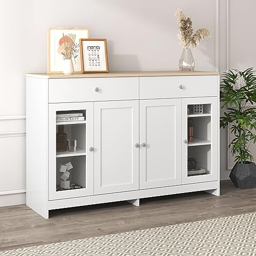 Sideboard Weiss, Sideboard Kommode, kommode mit schubladen, Moderne sideboard wohnzimmer, esszimmer sideboard, sideboard küche mit viel Stauraum für Ihren Wohnbereich - 120x37x80 cm, Natur & Weiß von LATICO