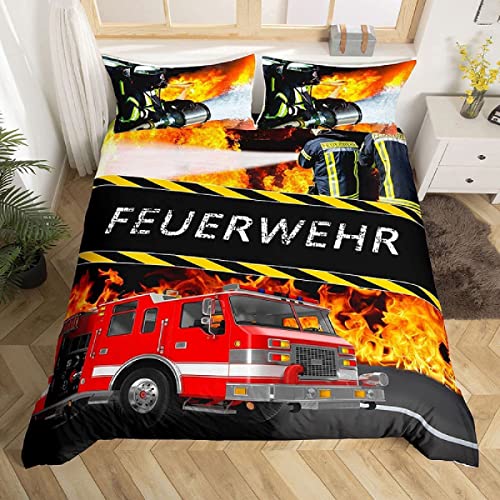 LATIZI Feuerwehr Bettwäsche 135x200 Weich Kuschelig Mikrofaser 3D Druck Feuerwehrleute Bettwäsche-Sets 3 Teilig Modern Bettbezug + 2 Kissenbezug 80x80 cm mit Reißveschluss von LATIZI