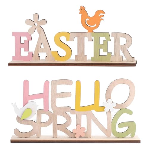 LATRAT 2 Stück Holz Schriftzug Osterdeko Easter Hello Spring mit Vögelchen Blumen, Frühling Ostern Party Festival Dekoration Zuhause Wohnzimmer Schlafzimmer von LATRAT