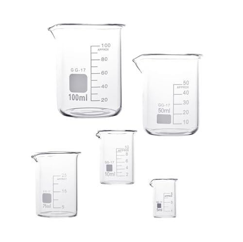 LATRAT 5stk Abgestufter Messbecher Glas Becherglas, Becherglas Borosilikatglas Bechergläser für Labor Laborglas Hitzebeständig Labor Messbecher Glas, 5ml 10ml 25ml 50ml 100ml Set von LATRAT