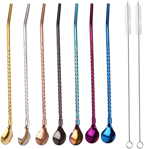 LATRAT 7 Stück Wiederverwendbare Edelstahl Trinkhalme Löffel 2 in 1 Spiral Metall Löffel-Strohhalme, Strohhalme Cocktail Strohhalme Latte Macchiato Bar Cocktail Rühren Kaffee von LATRAT