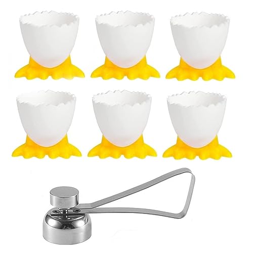 LATRAT Eierbecher Eieröffner Set, 6 PCS Eierständer + 1 PCS Edelstahl Eiöffner, Cartoon Eierständer Egg Cup Kinder Frühstücks Eierbecher Eierhalter Eierständer in Küche für Gekochte Eier (Gelb-2) von LATRAT