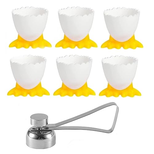 LATRAT Eierbecher Eieröffner Set, 6 PCS Eierständer + 1 PCS Edelstahl Eiöffner, Cartoon Eierständer Egg Cup Kinder Frühstücks Eierbecher Eierhalter Eierständer in Küche für Gekochte Eier, Gelb-2 von LATRAT