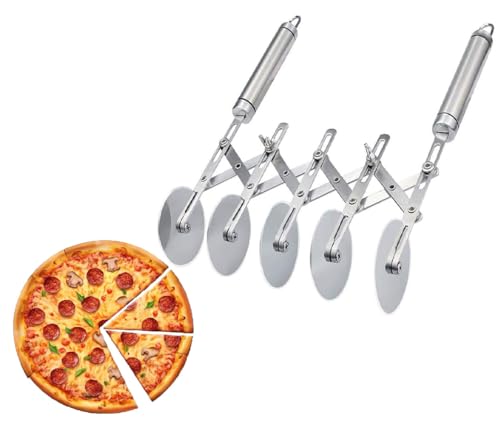 LATRAT Teigschneider, Teigschneider Kucheneinteiler, Edelstahl 5 Räder justierbar Teigrädchen, Pizza Cutter Gebäck Backschneider zum Küchenbacken, Silber (Silber Mit Griff) von LATRAT