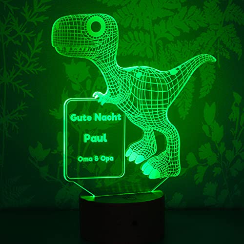 LAUBLUST 3D Dinosaurier Lampe - Personalisiertes LED Farbwechsel Nachtlicht - Dino-Geschenk für Kinder | Holzsockel von LAUBLUST