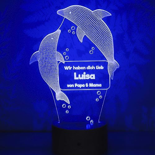 LAUBLUST 3D LED Nachtlicht Kinder - Personalisiert, Farbwechselnd, Holz Sockel - Geschenk für Kinder | Delfine Motiv von LAUBLUST