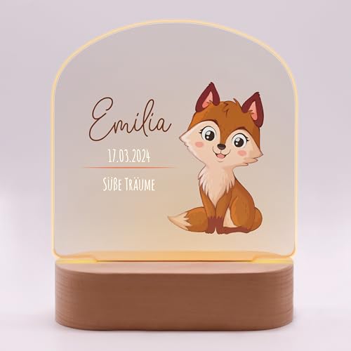LAUBLUST 3D LED Nachtlicht für Kinder - Personalisierte Lampe mit Baby Namen & Wunschtext | Natur Holzsockel - Geschenk zur Geburt & Taufe für Mädchen und Jungen - Kinderzimmer Deko (Fuchs) von LAUBLUST