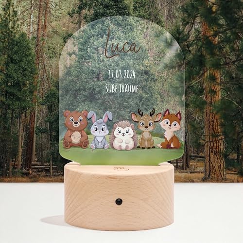 LAUBLUST 3D LED Nachtlicht für Kinder - Personalisierte Lampe mit Baby Namen & Wunschtext | Natur, Zwei Holzsockel - Geschenk zur Geburt & Taufe für Mädchen und Jungen - Kinderzimmer Deko (Waldtiere) von LAUBLUST