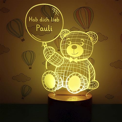 LAUBLUST 3D Teddybär Lampe - Personalisiertes LED Nachtlicht - Bär Geschenk für Kinder & Geschwister | Holz Sockel von LAUBLUST