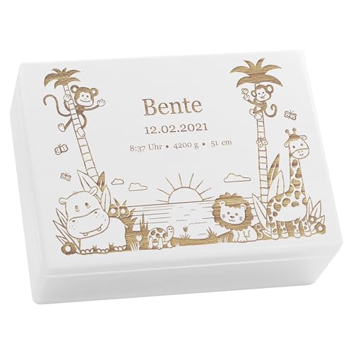 LAUBLUST Erinnerungsbox Baby Personalisiert - Dschungel - Geschenk zur Geburt | L - ca. 40x30x14cm, Holzkiste Weiß FSC® von LAUBLUST